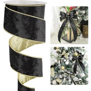 HUIHUANG Black Velvet Wired Ribbon 2.5 inch Black and Gold Glitter Christmas Ribbon for Christmas Tree Decor, Bows, Wreaths, Garlands, Gift Wrapping- Continuous 10 Yards