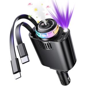Starlight Retractable Car Charger with Aromatherapy, 5 in 1 Fast Charging 66W Car Phone Charger Adapter, USB C Car Accessories Compatible with iPhone 16/15/14/13/12/11 and Android (Gray)