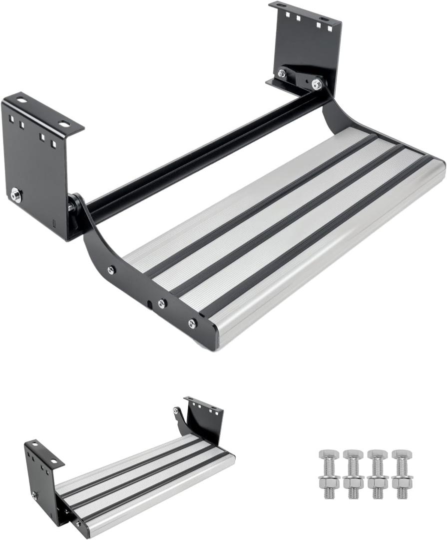 1-Step Manual Retractable RV Steps, 450lbs Capacity with 5mm Carbon Steel Frame & Anti-Slip Aluminum Pedals, Locking Limit Switch Design for Campers, Trailers, RVs (Sliver)