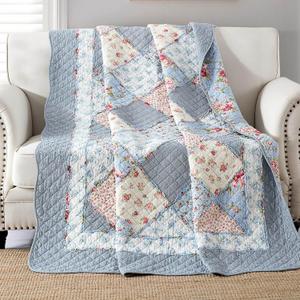 Twin Size Patchwork Quilt Blue Cotton Quilted Throw Blanket Reversible Bedspread Coverlet for Couch Sofa Lightweight Soft Floral Vintage Garden Flowers Comforter Bed Cover for Bed Home Bedroom Decor