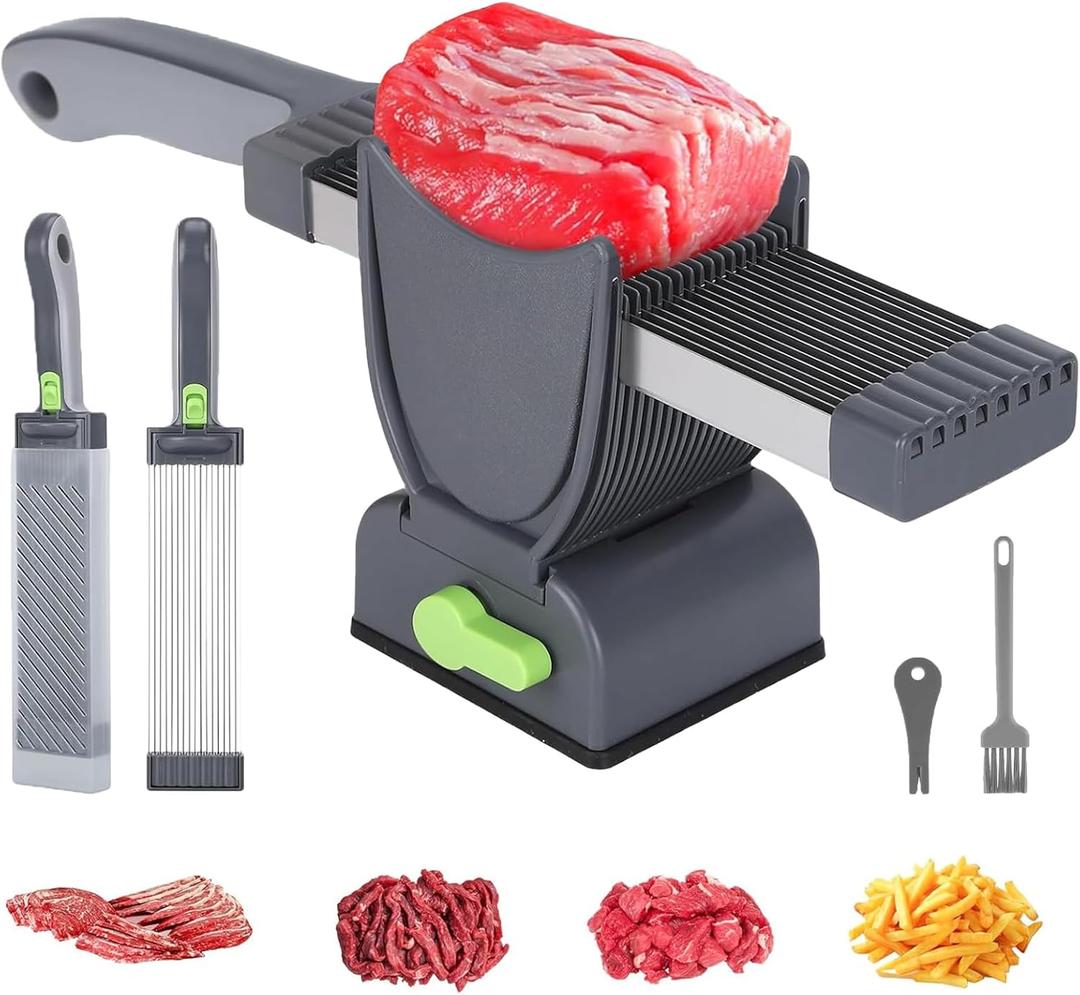 Fresh Meat Slicer, Thickness Adjustable 2 or 4 mm, 17 IN 1 Stainless Steel Cleaver Kitchen Knife For Slicing Shredding, Manual Meat Cutter Jerky Slicer for Beef Pork Salmon Jerky (Dark Gray)