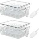 2 Set Ice Bin for Freezer with Lid and 2 Scoop Set Plastic Freezer Ice Bin with Pull-Out Handle Clear Storage Bucket Kitchen Food Storage Organizer for Home Office Fridge Kitchen