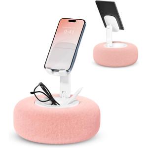 Phone Stand with Pillow, Adjustable iPhone Stand with Anti-Slip Strips, Fuzzy Tablet Holder Compatible with 4"-7" Devices, Including iPhone, iPad, Kindle, and Android (Pink)
