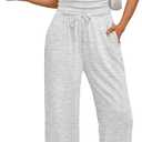 Trendy Queen 2 Piece Matching Summer Sweatsuit Lounge Set Womens Wide Leg Pants Side Ruching Crop Top Sets (Large, Oatmeal Grey)