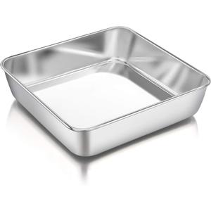 P&P CHEF Square Baking Cake Pans, Small Stainless Steel Lasagna Brownie Pan For Birthday Cake Bread Pie, Non-toxic & Durable, Smooth Rim & Leakproof, Oven & Dishwasher Safe, 8 Inch & 1 Pcs