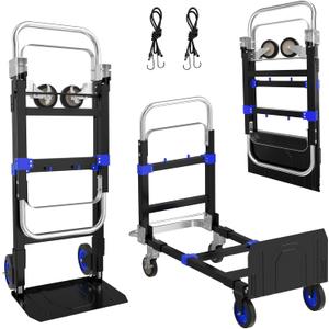 3 in 1 Hand Truck, 600Lbs Capacity, Heavy Duty Collapsible Cart with Retractable Handle, Dolly Cart with 2 Universal Wheel with Brake for Moving Home, Office, School, Shopping, Warehouse, Blue