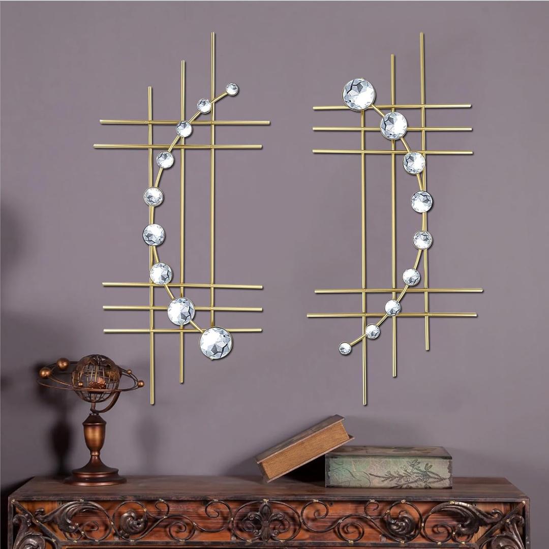 ZEXUIRU 2 Set Bling Metal Wall Art Jeweled crystal Hang wall Decor Rhinestone Diamond Iron Abstract Wall Sculpture Gold (16.5 inch)