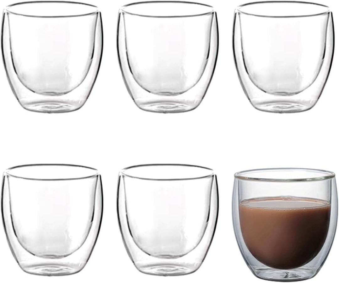 Double Walled Espresso Cups Set of 6, 2.7oz Insulated Clear Glass Coffee Mugs, Glass Espresso Shot Cup Set, Double Wall Glasses for Latte Cappuccino Cocoa Milk Cafe Juice Tea 80ML