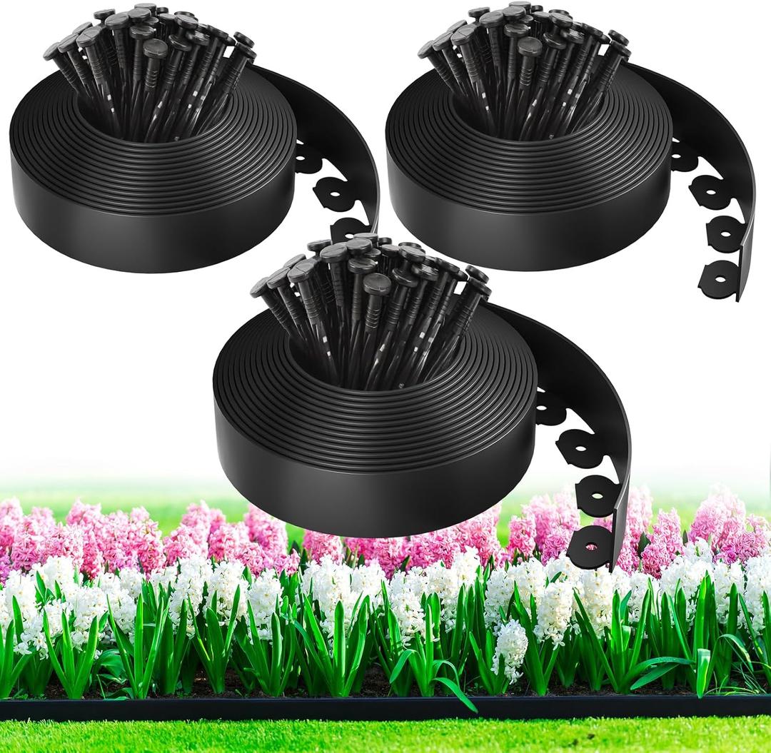 100ft,1.5in Tall Landscape Edging Kit with 150 Spikes, No-Dig Flexible Plastic Edge Border for Landscaping, Lawn, Garden, Flower Beds, Yard, Paver, Playground, Fence, Pathway, Black, 3pack, 33ft Each