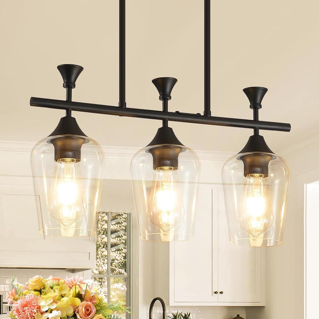21.2" Dining Room Light Fixture/Chandelier Over Table, 3-Light Kitchen Island Lighting Hanging for Farmhouse Linear Chandeliers Matte Black Ceiling Pendant Light Fixtures with Clear Glass Shade