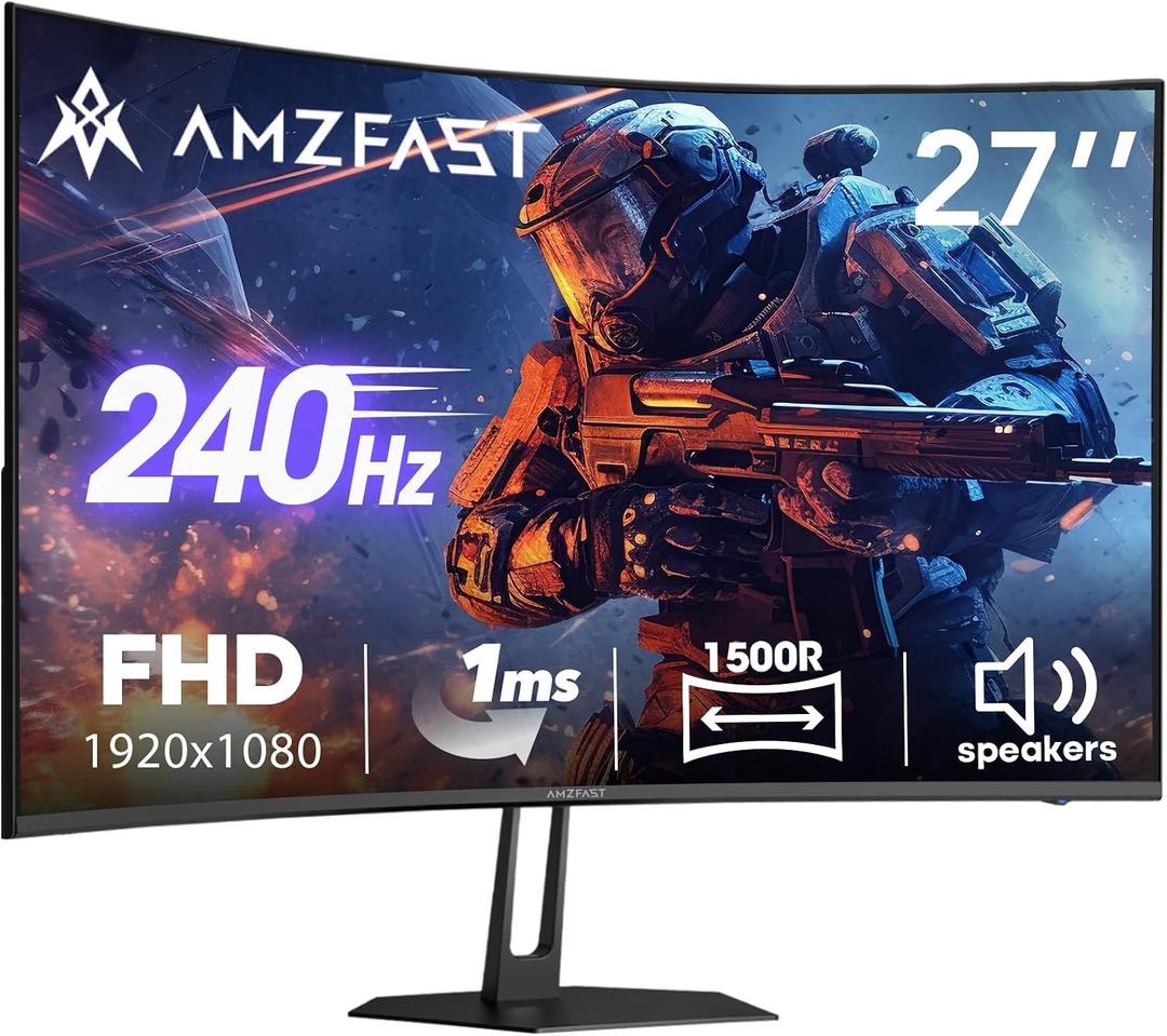 Amzfast 27 inch 240Hz Curved Monitor, FHD 1080p Gaming Monitor, Built-in Speakers, FreeSync, MPRT 1ms, 130% sRGB, 4000:1, 1500R, VESA Mount, HDMI 2.0&DP 1.4, Exchange