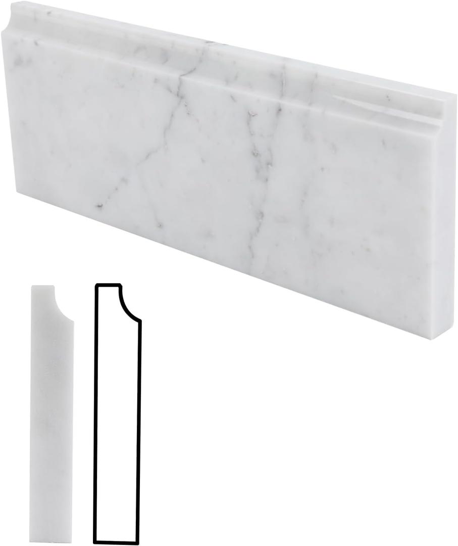 Lovdeco 4 PCS Carrara Marble Baseboard for Kitchen Bathroom Floor Shower, White Marble Trim Molding Polished, 4.5 X 12 inch