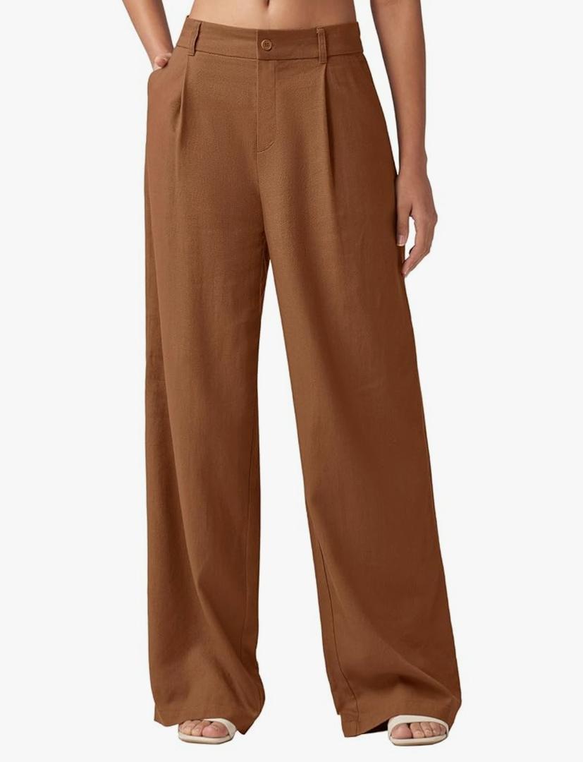 Willit Women's Linen Pants Wide Leg Work Dress Pants Casual Slacks Business Pants with Pockets, Large, Caramel