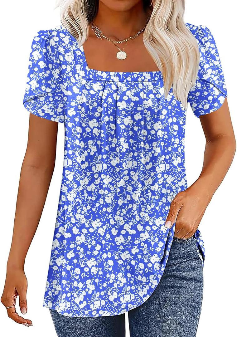 WNEEDU Womens T Shirts Casual Petal Short Sleeve Blouses Square Neck Summer Tops 2026 Pleated Tunic Loose Fit (Medium, Floral Blue White)