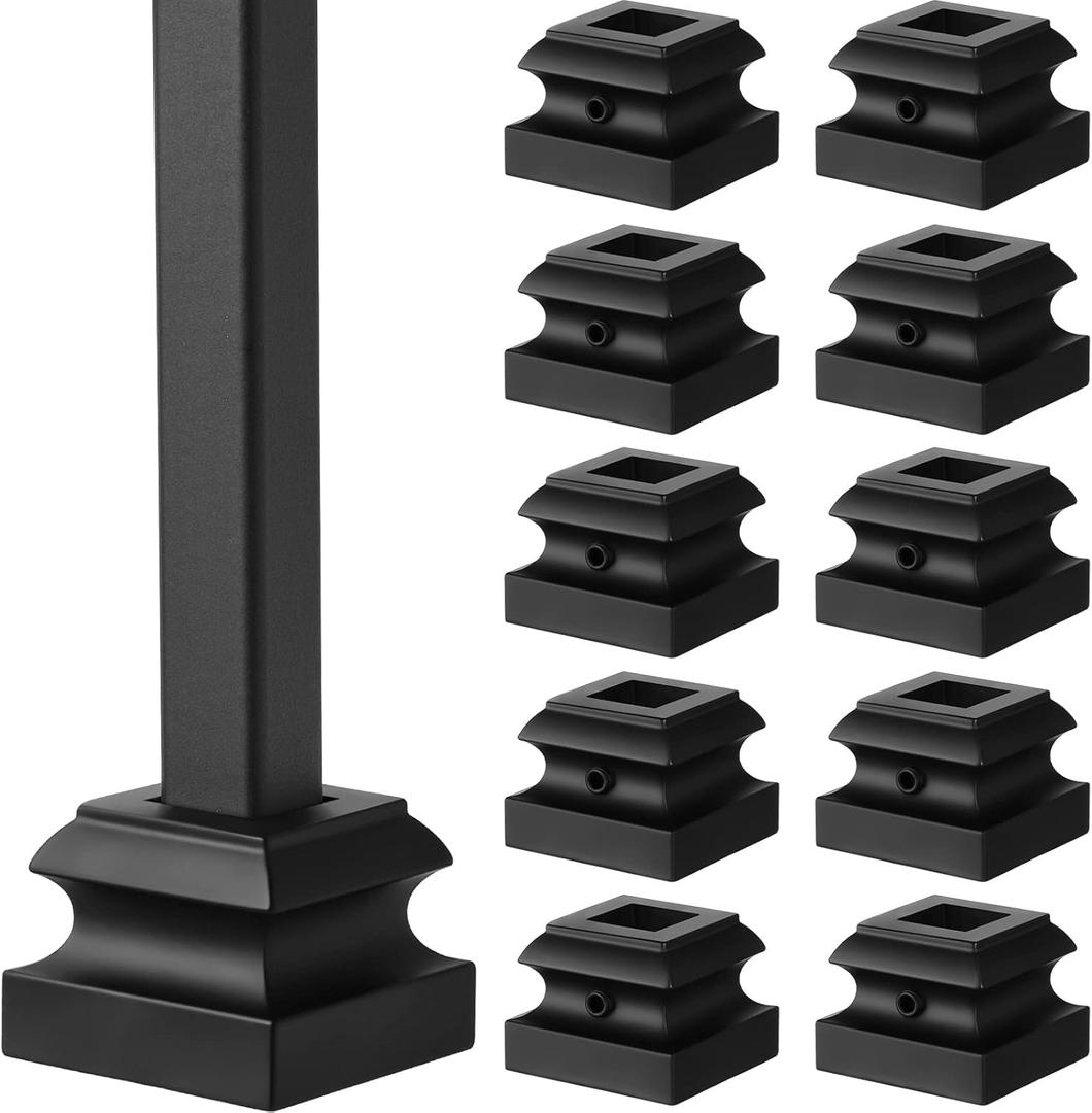 Iron Baluster Shoes Stair Flat Shoe with Screw for 1/2 Inch Square Scroll Basket Twist Knuckle Staircase Balusters Metal Spindle Railing, Satin Black (12 Pcs)
