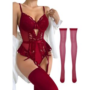 Lilosy Sexy Stocking Lace Mesh Bodysuit Top Underwire Garter Lingerie Set 3 Piece (Burgundy Red) XL