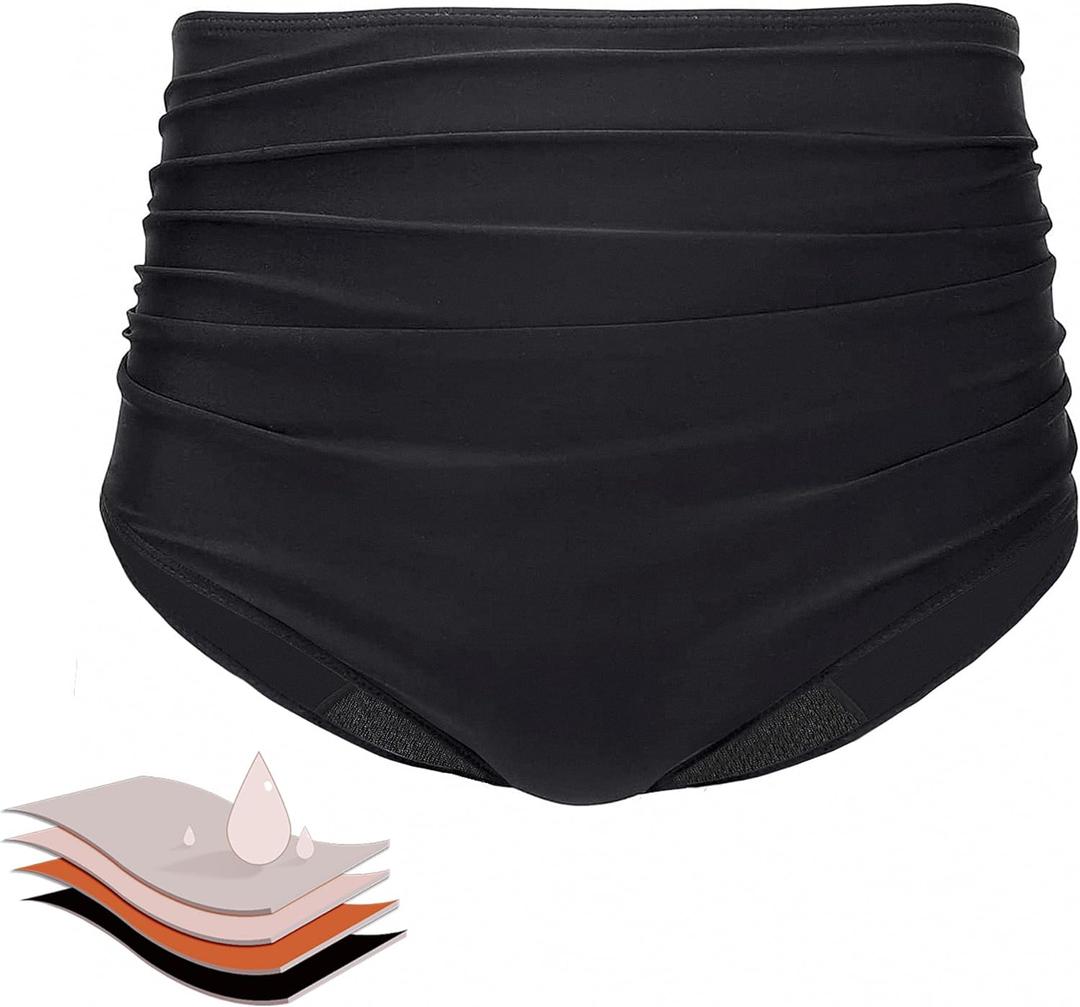 Mordlanka Period Swimwear High Waisted Swim Bottoms Tummy Control for Women Teens Black (Small)