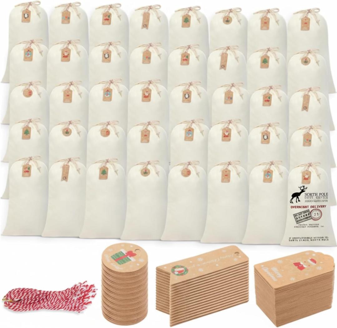 Clysee 40 Pcs 20 x 12 Inch Sublimation Blank Christmas Santa Sacks, Large Polyester Cotton Santa Christmas Drawstring Bags with 50 Tags Reusable Xmas Drawstring Gift Bag for DIY Holiday Presents
