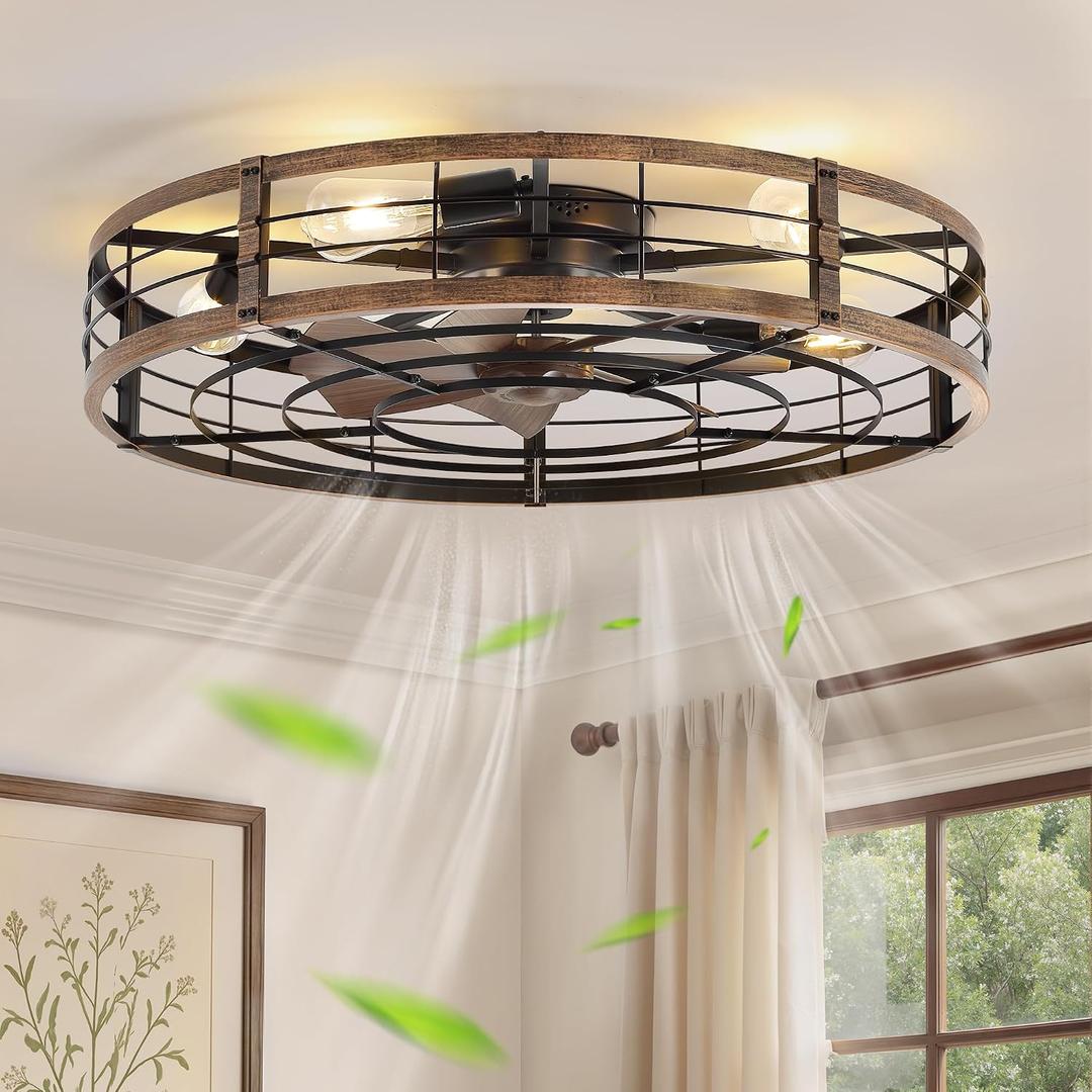 LEDIARY 30" Caged Low Profile Ceiling Fan with Light and Remote Black Gold
