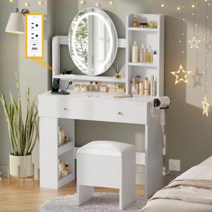 DWVO Vanity Desk with Mirror and Lights, Makeup Vanity Table Set with Power Outlets and Chair, 3 Lighting Colors, Makeup Desk with 2 Drawer and Lots Storage Shelves, White Dressing Table for Bedroom