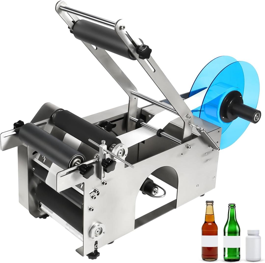 Semi-Automatic Round Bottle Labeling Machine, 2050 pcs/min, Fits 0.64.7 in Cylindrical Bottles, Adjustable Stainless Steel Label Applicator with Pressure Bar for Small and Medium Businesses
