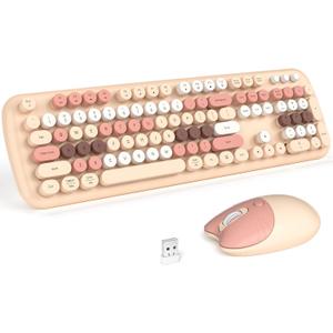 Wireless Keyboard and Mouse, Full Size Typewriter Keyboard and Cute Cat Shape Design Mouse Combo for Windows 7/8/10, Laptop, Desktop, PC, Computer (Milk Tea) 