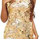 Waist Wow Sequin Dress for Women Spaghetti Strap Sexy Dresses Glitter Sparkly Mini Dress L