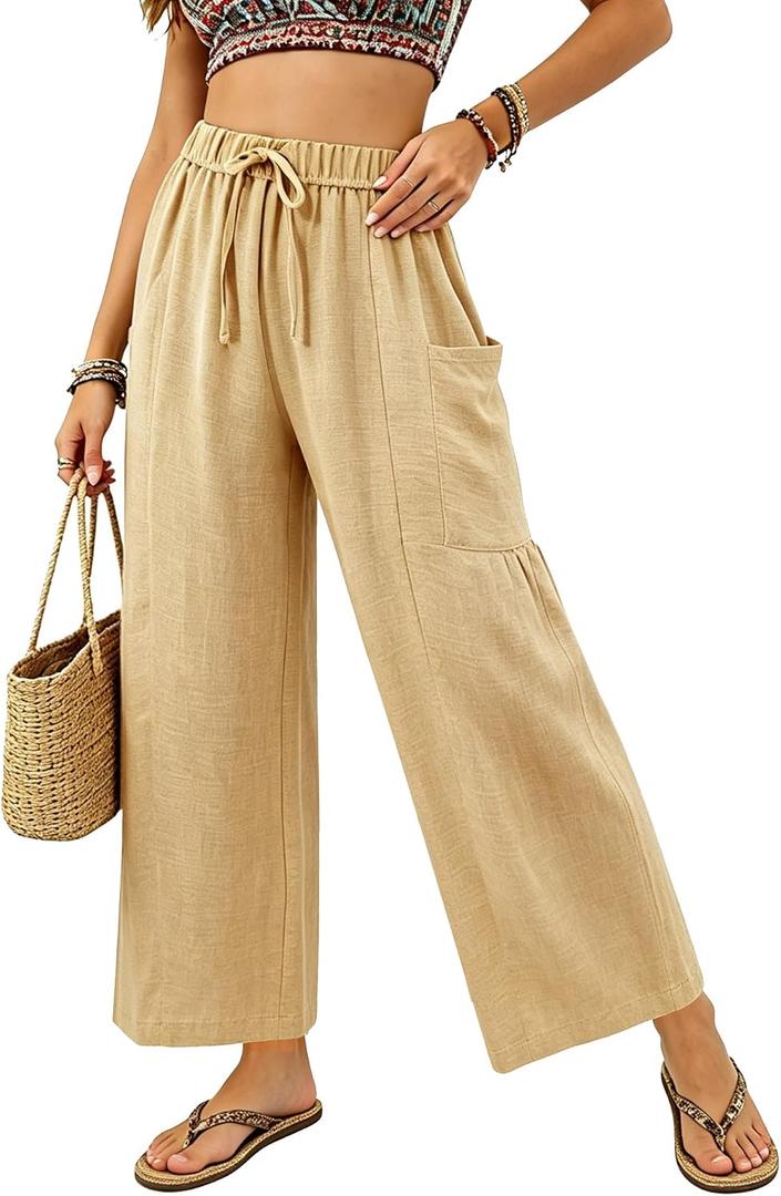 Womens Wide Leg Cropped Pants Drawstring Casual Palazzo Pants Loose Flowy Lounge Trousers with Pockets Apricot