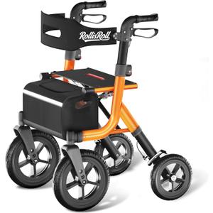 Walkers for Seniors, Rollator Walker with Seat, 12" Big Rubber Wheels All Terrain Rolling Walker with Backrest, Foldable Rollator Walker, Reinforced Aluminum Frame, Built-in Cable, Orange