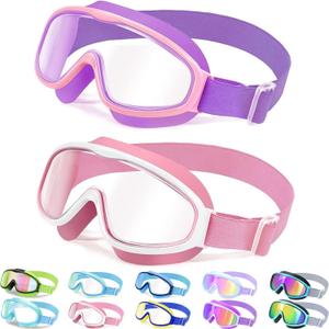 Vvinca Kids Goggles with Comfort Fabric Strap, Kids Swim Goggles Wide View Anti-Fog/UV No Leaking Swimming Goggles for 3-14 (02-purple & Pink)
