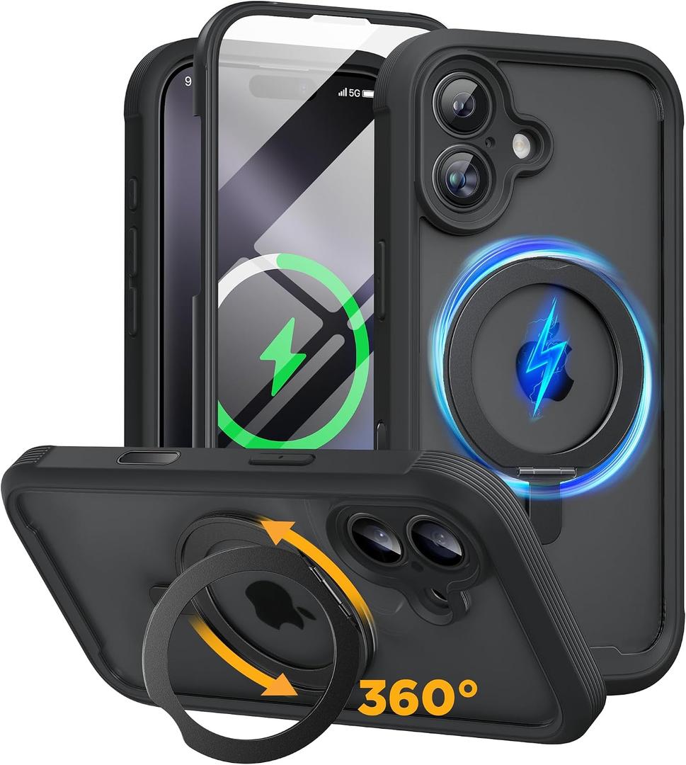 Miracase for iPhone 16 Case with 360 Magnetic Ring Stand [Compatible with Magsafe] Full-Body Drop Proof Bumper Phone Case with Built-in 9H Tempered Glass Screen Protector,Black