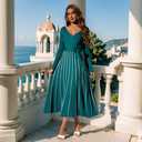 Zoifada Womens 2025 Spring Autumn V Neck Wrap Dress Long Sleeve Tie Waist Ribbed Knit High Waist A Line Casual Midi Dress Grey
