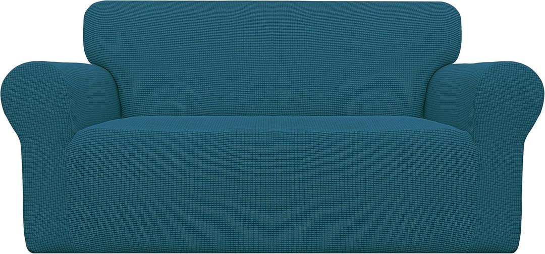 Easy-Going Stretch Loveseat Slipcover 1-Piece Sofa Cover Furniture Protector Couch Soft with Elastic Bottom for Kids Polyester Spandex Jacquard Fabric Small Checks (Loveseat, Peacock Blue)