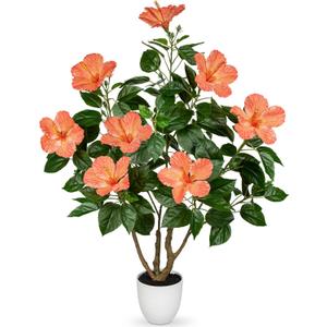 Artificial Hibiscus Tree 2.95ft Tall Real Touch Fake Tree with Orange Flowers Potted Faux Plant Indoor Realistic Floor Plants for Front Porch Outdoor Home, Patio Decor