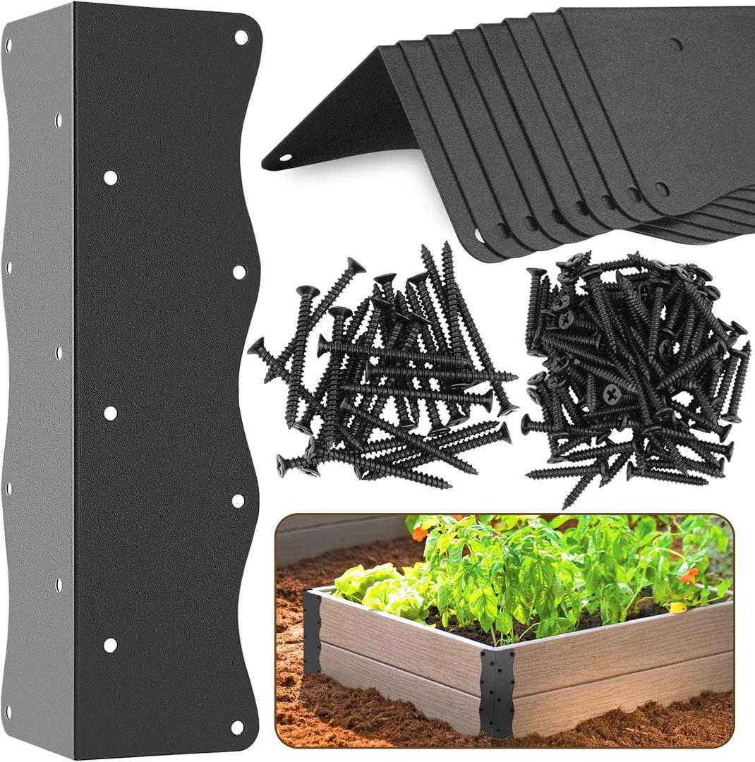 8-Pack Heavy-Duty Metal Corner Brackets for Raised Garden Beds (11"x3"x3") - L-Shaped Reinforced Connectors with Short/Long Screws, Fits 20"-24" Bed Edges & Wooden Shelves/Cabinets