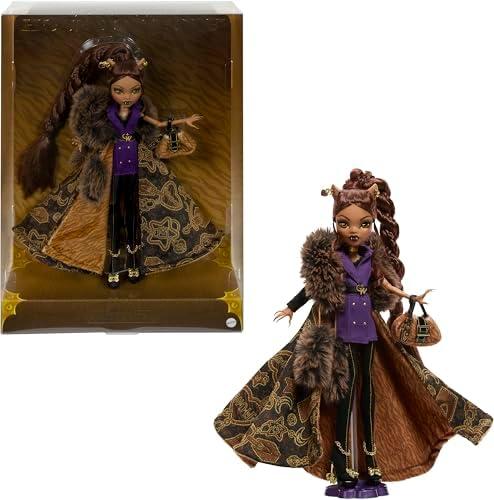Monster High Doll, Clawdeen Wolf House of Wolf Collectible with Faux Fur Jacquard Coat, Purple Blazer Dress, Pantaboots and Golden Accessories