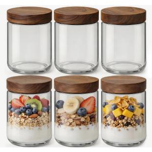16oz 6 Pack Overnight Oats Containers with Lids, Glass Mason Jars with Acacia Wood Airtight Lids, Wide Mouth Meal Prep Storage Jars for Yogurt, Chia Pudding, Salad, Parfait, Snacks, Spice