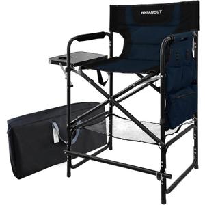 Tall Folding Directors Chair with Side Table 26.77" Seat Height Foldable Camping Chair Bar Stool for Makeup Artist Face Painting with Footrest and Storage Pocket Supports 350LBS