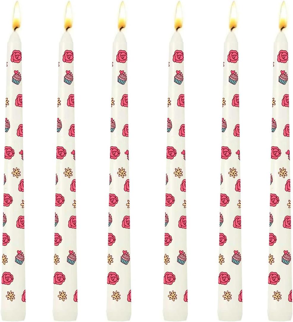 6 Pack Unscented Taper Candles, Hand-Poured 10 Inch Ivory Candlesticks, Dripless and Smokeless Decorative Candles with Rose Cupcake Pattern, 6-7 Hour Burn Time
