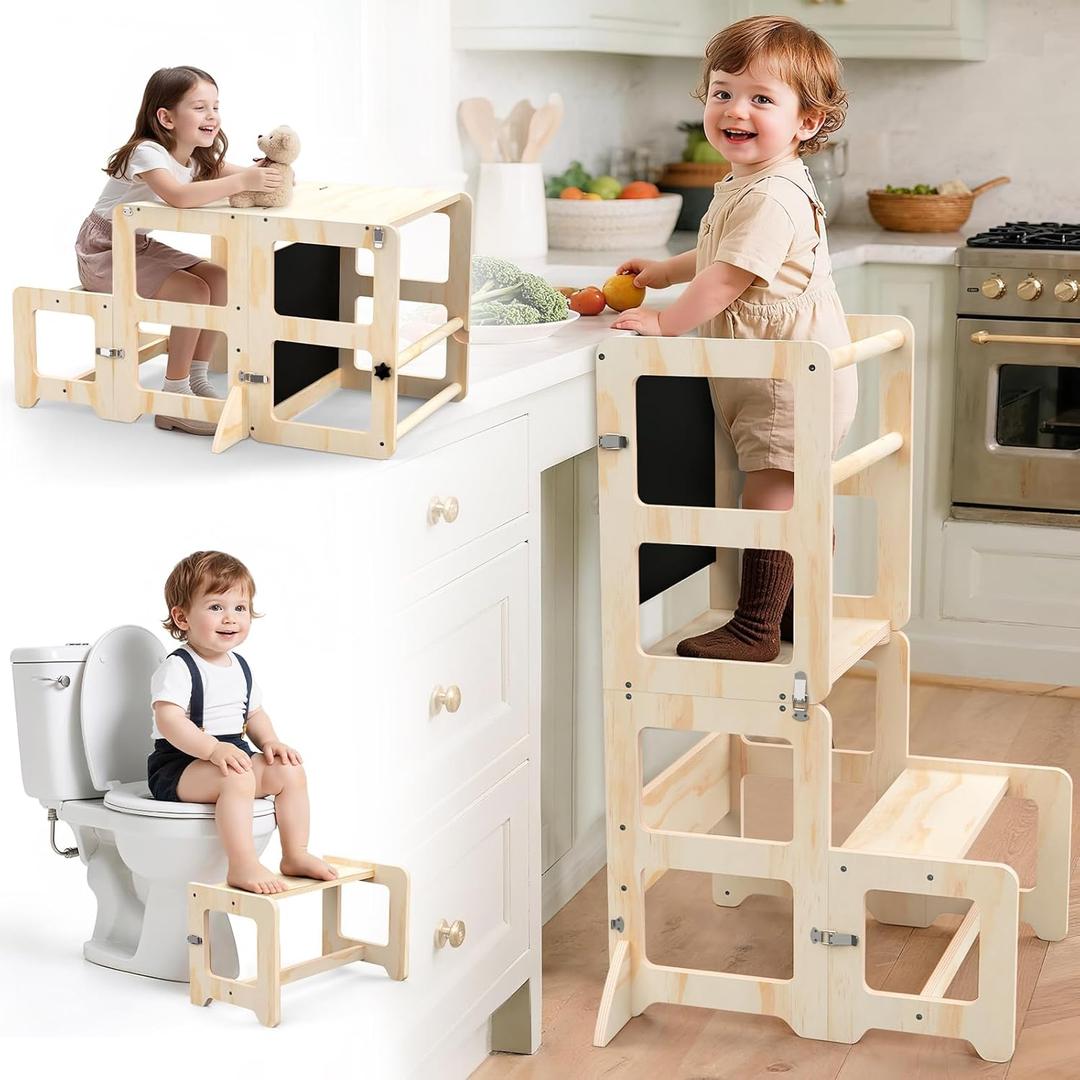 Toddler Kitchen Step Stool, 4-in-1 Foldable Standing Tower with Blackboard, Toddler Step Stool for Bathroom Sink, Kitchen Counter, Ages 18 Months to 4 Years