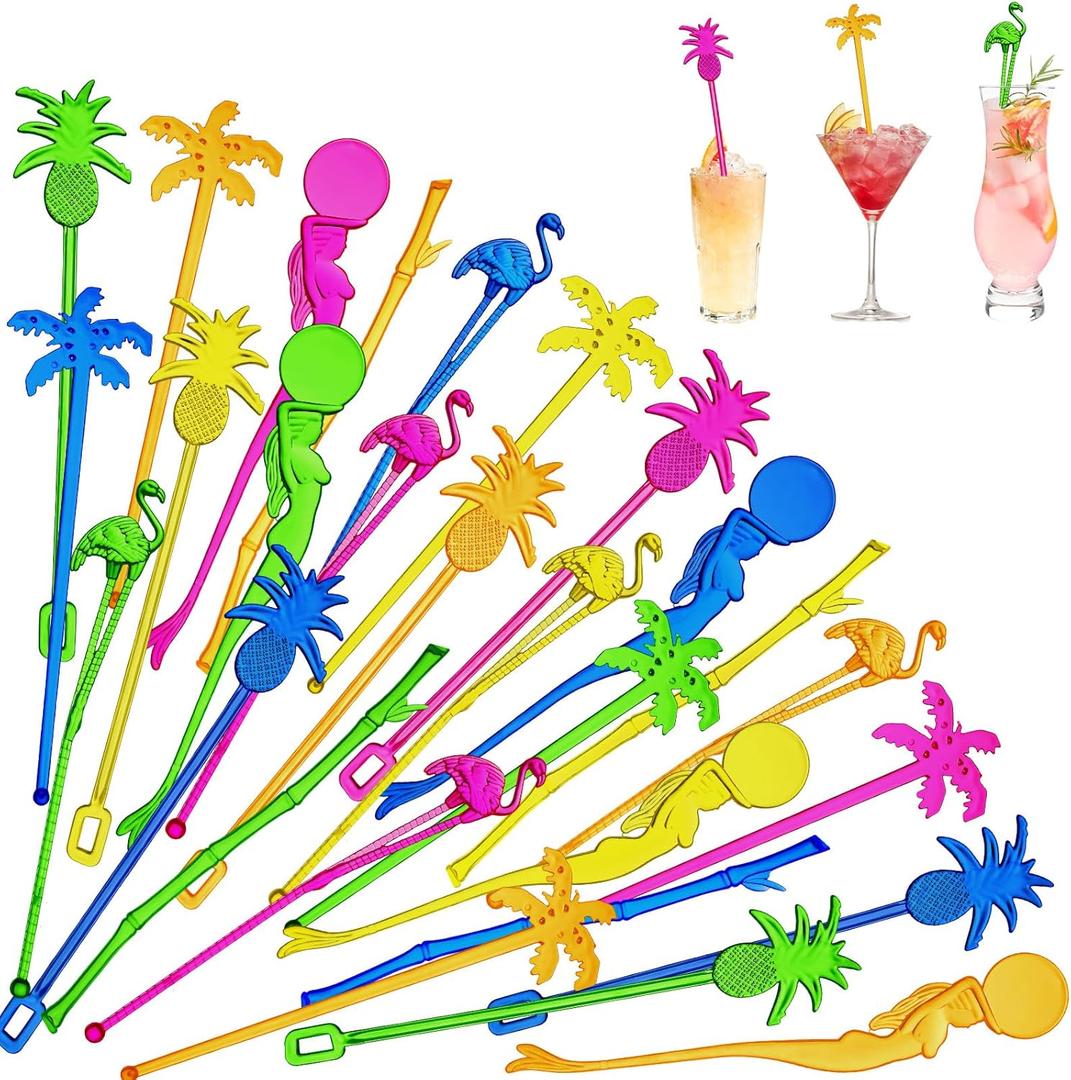 100 Assorted Tropical Swizzle Sticks Bar Cocktail Stirrers Luau Palm Tree Flamingo Fun Reusable Novelty Beverage Cocktail Margarita Tiki Drink Stirring Sticks for Birthday Wedding Party