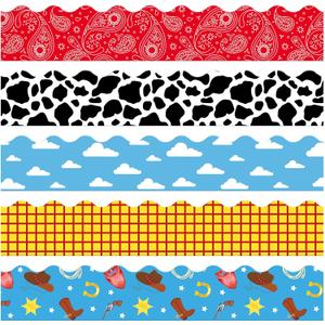 100Pcs Cartoon Story Bulletin Board Borders Cow Blue Sky White Clouds Cowboy Boots Horsehoe Red Bandana Printed Bulletin Scalloped Border Trim for Christmas Back to School Classroom Decorations