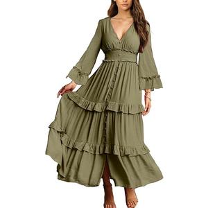 Amegoya Women's V Neck Long Sleeve Boho Maxi Dress Summer Wedding Guest Long Flowy Engagement Dresses (5-army Green, Medium)