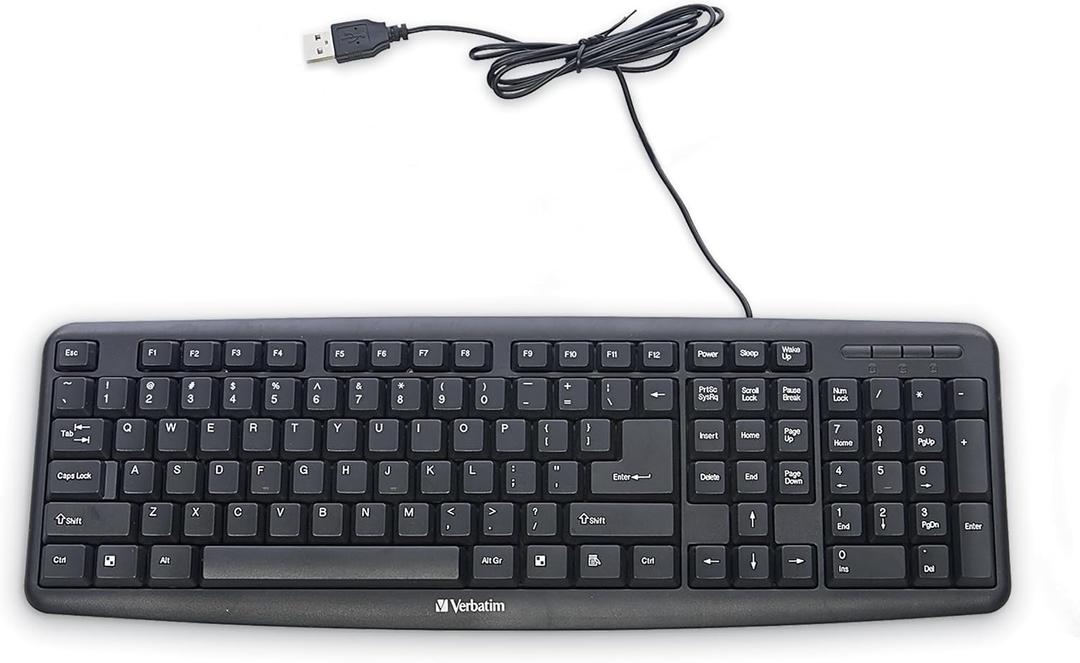 Verbatim Slimline Wired Keyboard USB Plug-and-Play Numeric Keypad Adjustable Tilt Legs Corded Full-Size Computer Keyboard Compatible with PC, Laptop - Frustration Free Packaging Black 99201