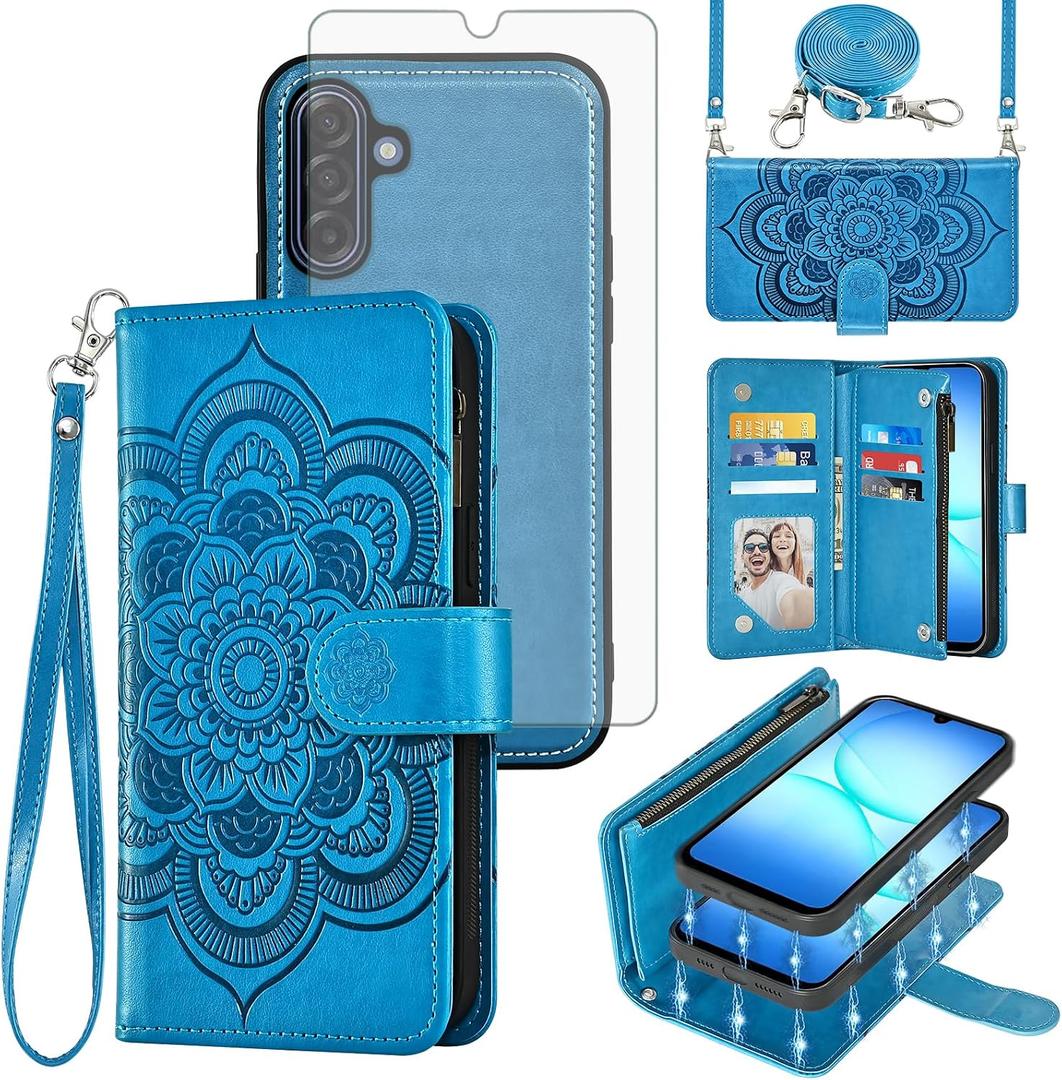 Asuwish Phone Case for Samsung Galaxy A17 5G Zipper Wallet Detachable Cell Cover with Tempered Glass Screen Protector Crossbody Strap Flower Flip Card Holder Slot TPU A 17 17A 4G Women Men Girls Blue