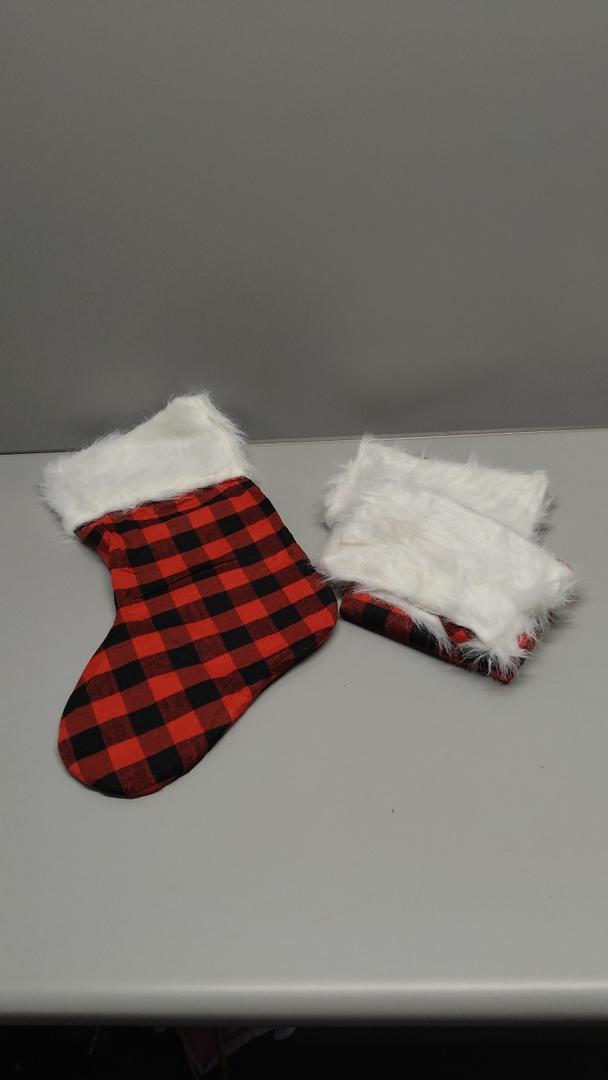 Large Christmas Stockings Pack of 3 Fireplace Plush Xmas Hanging Stockings with Red Black Buffalo Plaid Pattern