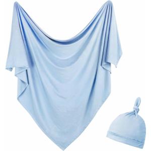 Newborn Swaddle Blanket with Hat Set Baby Swaddle Set Hospital Receiving Blankets for Girls Boys(Babyblue) (35"*35")