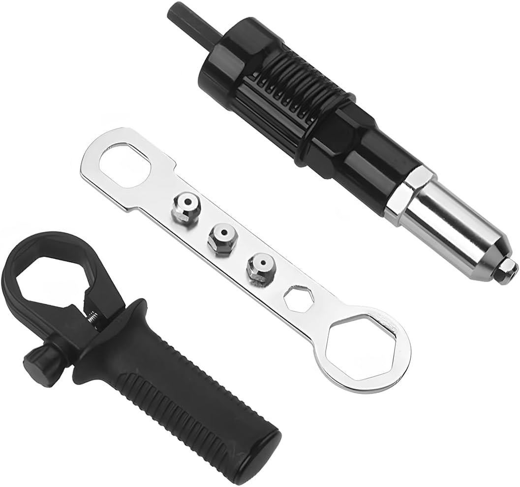 Car Rivet Gun Adapter, Alloy Steel Riveter Gun Adapter Kit with Handle Grip & 4 Rivet Head for Cordless Electric Power Drill, Pop Riveting Nut Tool Drill Attachment, Universal Fit