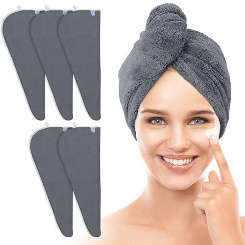 TENSTARS 5 Pack Thicken Microfiber Hair Towel Wrap for Women - Elastic Loop Design - 320GSM Coral Velvet - Quick Dry Hair Turban - 11x28 Inch (Dark Grey)