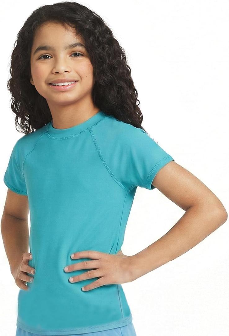 Lands' End Girls' Swim UPF 50+ Short Sleeve Sun Tee Rash Guard Shirt (Large, Tile Blue)